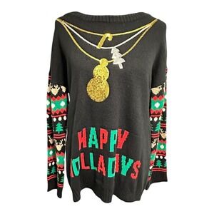 Womens Black Happy Holidays‎ Ugly Christmas Sweater Sequin